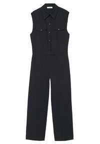Combinaison noire sans manches avec col pointu, fermeture boutonnée devant, deux poches poitrine avec rabats et pantalon à jambes larges.