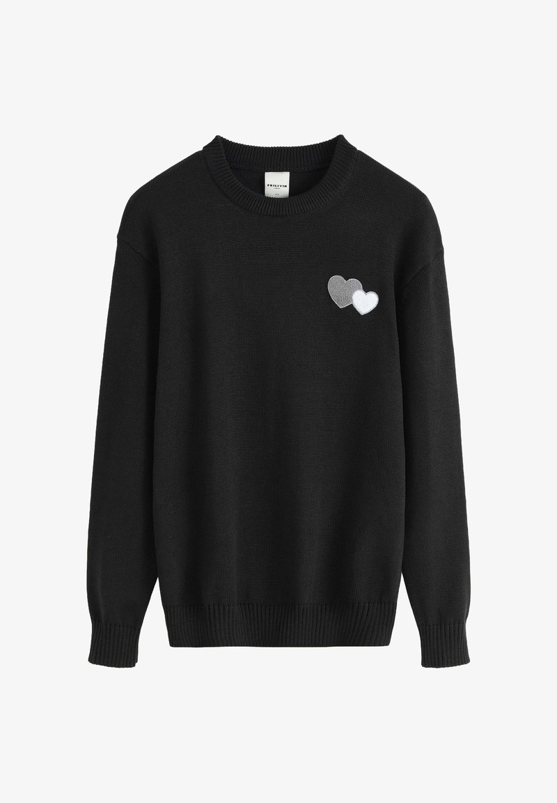 Pull en tricot noir avec un col rond. Présente deux cœurs brodés en gris et blanc sur le côté gauche. Poignets et ourlet côtelés.