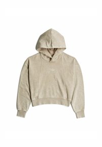 Felpa beige tagliata con finitura testurizzata, cappuccio con coulisse e dettagli cuciti. Presenta un logo ricamato discreto sul davanti.