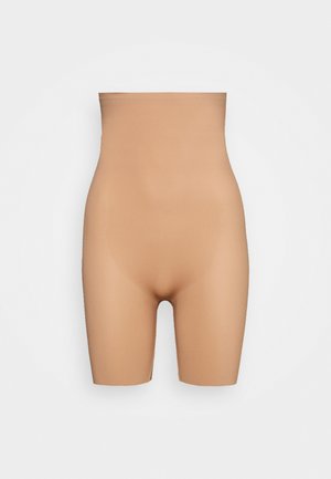 Beige shapewear shorts with a high waist, made from smooth, stretchy fabric, featuring a seamless design and no visible hardware.