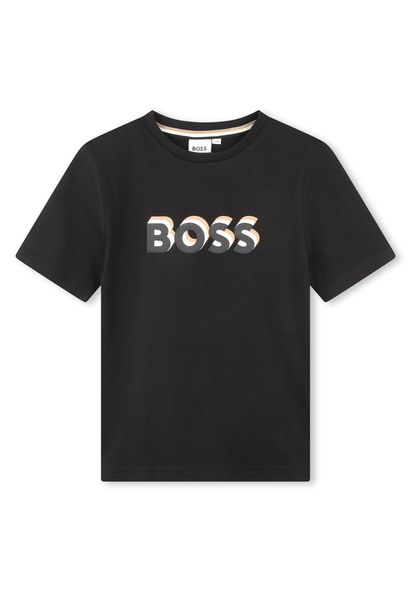 T-shirt en coton noir à manches courtes, avec un logo "BOSS" multicolore imprimé sur le devant. Encolure ronde standard.