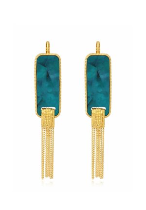 Boucles d'oreilles rectangulaires ton or avec centres en pierre bleu sarcelle foncé et plusieurs pampilles délicates en chaîne dorée suspendues en dessous.