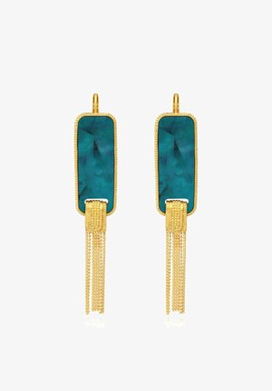 Boucles d'oreilles rectangulaires ton or avec centres en pierre bleu sarcelle foncé et plusieurs pampilles délicates en chaîne dorée suspendues en dessous.