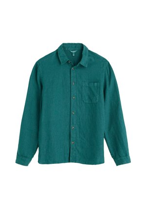 Camicia turchese a maniche lunghe con bottoni, una tasca sul petto, colletto classico e polsini con bottoni, mostrata distesa su uno sfondo bianco.