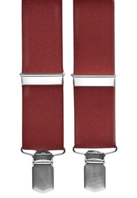 Röda tygbyxor med en texturerad yta, som har silverfärgade metallklämmor och justeringsanordningar. Designen är enkel och funktionell.