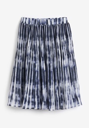 Jupe midi plissée avec taille élastique, présentant un motif tie-dye noir et blanc et un tissu fluide et léger.