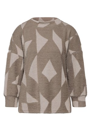 Khaki svetr, texturovaná tkanina, volný střih, kulatý výstřih, s geometrickými vzory v krémové barvě. Spadlé ramena, dlouhé rukávy, jemný povrch.