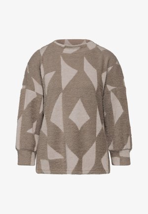Khaki sweter, teksturowany materiał, luźny krój, okrągły dekolt, z geometrycznymi wzorami w kolorze kremowym. Opuszczone ramiona, długie rękawy, miękka powierzchnia.