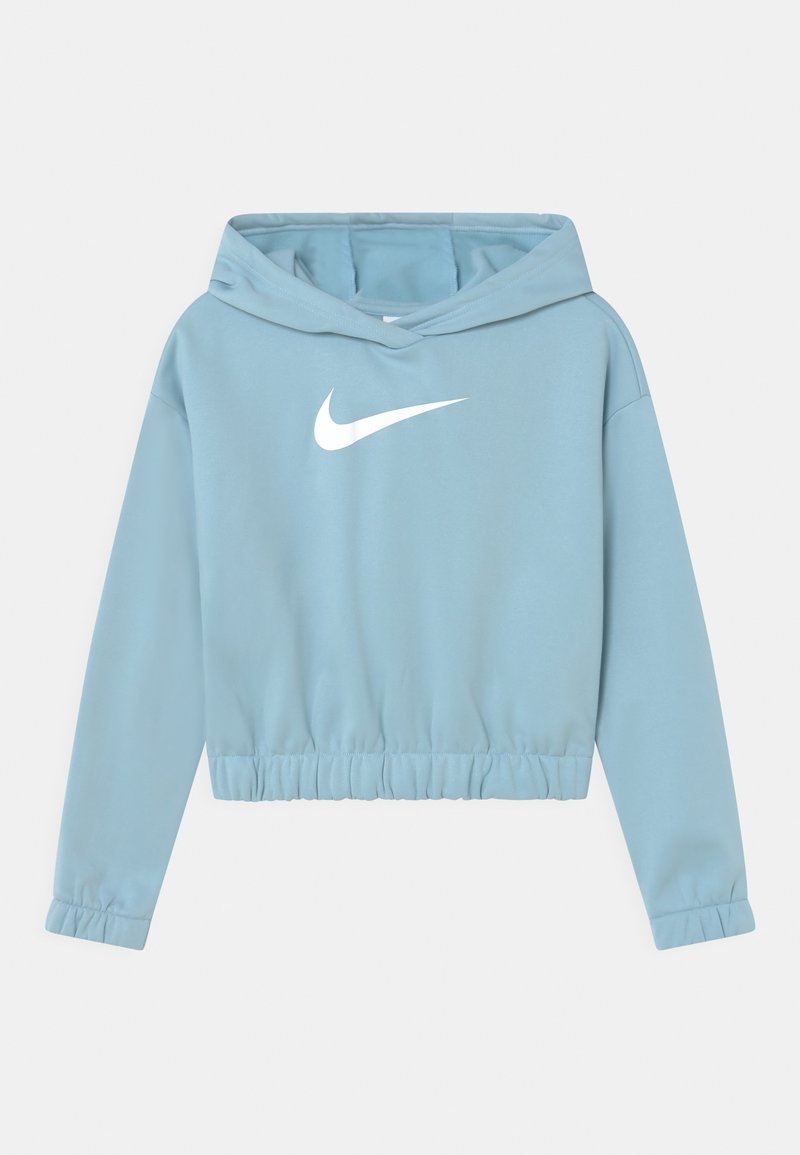 Przycięta bluza z kapturem w jasnoniebieskim kolorze z białym logo Nike na przodzie. Posiada sznurkowy kaptur oraz elastyczne wykończenie u dołu i na mankietach.