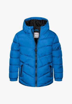 Giacca invernale imbottita blu per bambini con cappuccio, zip frontale e due tasche laterali con cerniera, fodera interna nera.