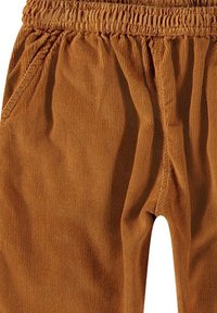 Pantaloni di velluto a coste di un caldo colore marrone con vita elastica, caratterizzati da una texture a costine verticali e tasche laterali.