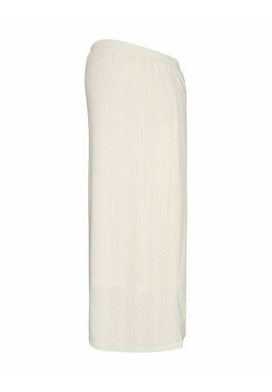 Kreminės iki kelių ilgio sijonas su subtilia deimanto rašto tekstūra, elastine juosmens juosta ir tiesiu kirpimu, pristatytas ant balto fono.
