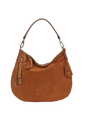 Brown suede handbag with a curved silhouette, a single shoulder strap, and a front zip pocket. Features gold hardware and tassel detail.
