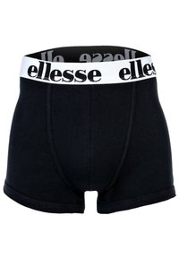 Mustat puuvillabokserit, joissa on valkoinen elastinen vyötärö, jossa on "ellesse"-logo. Mallissa on kapea leikkaus ja käännetyt reunakuvioinnit.