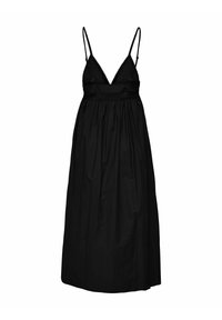 Zwart dress met een aansluitend lijfje met textuurdetails, verstelbare spaghettibandjes en een geplooide, losse rok die onder de knie valt.