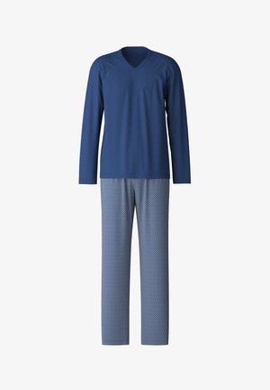 Marineblauw langemouw V-hals shirt, gecombineerd met een patroon van kleine geometrische vormen in verschillende blauwtonen. Glad materiaal, relaxte pasvorm.