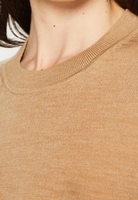 Beige gebreide trui met een ronde halslijn en subtiele textuurdetails, gemaakt van een zachte, middelzware stof.