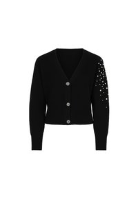 Cardigan nero a costine con scollatura a V, tre bottoni decorativi argentati sulla parte anteriore e decorazioni di perle sparse sulla manica sinistra.