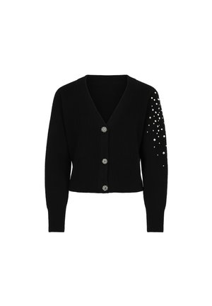 Cardigan nero a costine con scollatura a V, tre bottoni decorativi argentati sulla parte anteriore e decorazioni di perle sparse sulla manica sinistra.