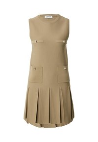 Ärmelloses beiges Kleid aus Strickstoff, mit zwei vorderen Taschen mit Knöpfen und einem plissierten Rockdesign.