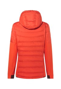 Giacca isolata rossa con cappuccio, caratterizzata da una texture trapuntata, polsini elasticizzati e un pannello posteriore liscio per comfort e calore.