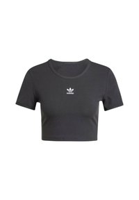 Juodas trumpas marškinėliai su trumpomis rankovėmis, rausva tekstūra ir apvaliu kaklu. Priekyje yra mažas baltas Adidas logotipas.
