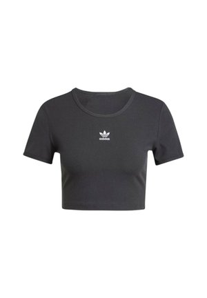 Zwarte cropped t-shirt met korte mouwen, geribbeld textuur en een ronde halslijn. Voorzien van een klein wit Adidas-logo op de borst.