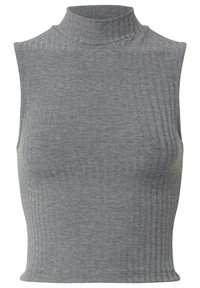 Gray sleeveless top with a mock neck, ribbed texture, and fitted silhouette, made from a soft, stretchy knit fabric.