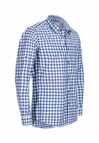 Blauw-wit geruit overhemd met lange mouwen. Voorzien van een knoopsluiting, een kraag en een klein zakje op de borst. Gemaakt van lichtgewicht stof.