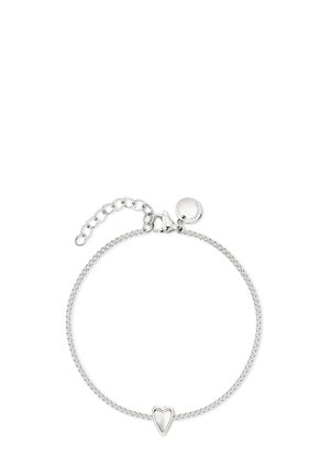 Silver chain bracelet with a small hollow heart-shaped charm and an adjustable clasp with a round tag near the closure.