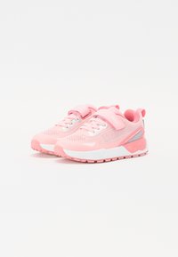 Pink athletic shoes with mesh fabric, contrasting white accents, padded tongue, adjustable strap, and textured rubber sole.