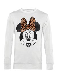 Sudadera blanca con una ilustración en blanco y negro de la cara de Minnie Mouse, acentuada con un lazo de estampado de leopardo. Manga larga, cuello redondo.