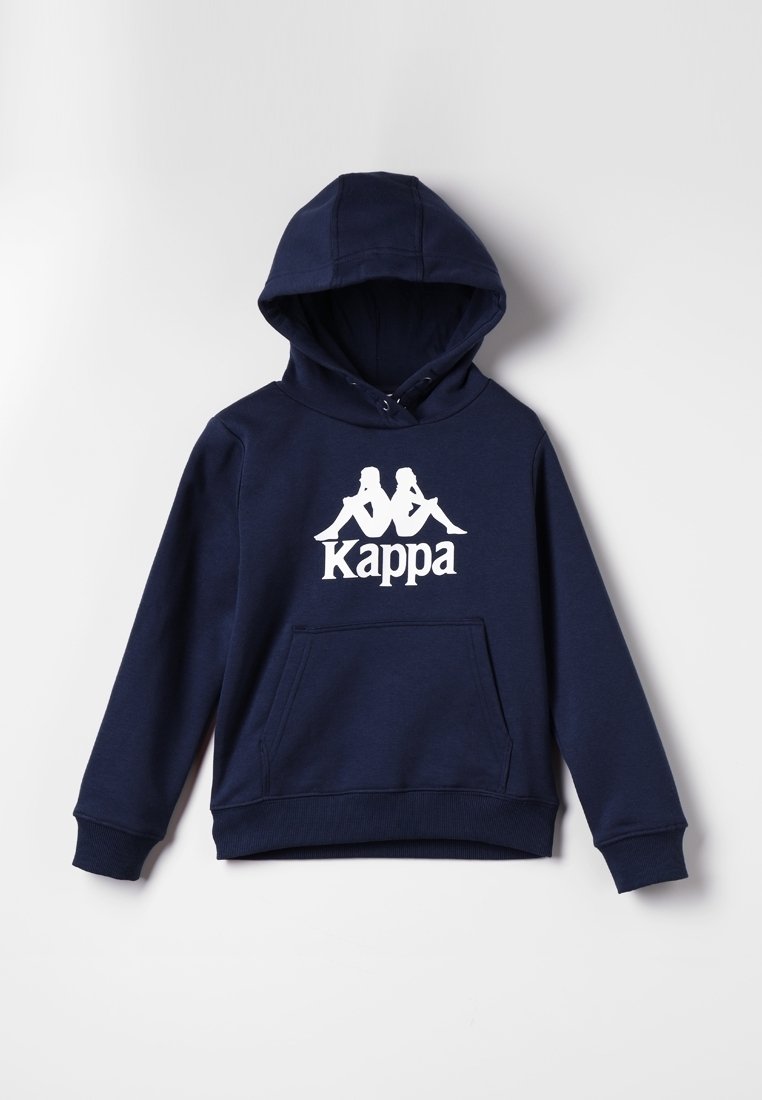 Felpa con cappuccio blu navy in misto cotone, caratterizzata da una tasca frontale e un logo bianco con due figure. Include un cordino e polsini a coste.