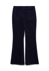 Pantalones de pana de color azul marino oscuro con pierna acampanada, dos bolsillos frontales de parche y una cintura con passadores para cinturón.