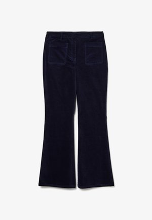 Dark navy blue corduroy pants with a flared leg, two front patch pockets, and a waistband with belt loops.