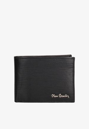 Portafoglio in pelle nera con superficie testurizzata, design a doppia piega, bordi arrotondati e logo argentato in rilievo sulla parte anteriore.