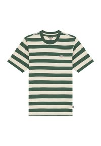 Green and cream striped T-shirt in cotton, featuring a round neckline, short sleeves, and small logo patch on the chest.