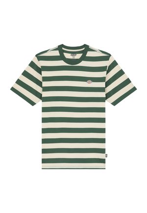 T-shirt rayé vert et crème en coton, avec un col rond, des manches courtes et un petit patch logo sur la poitrine.