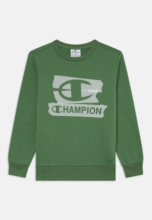 Grüner Pullover mit langen Ärmeln, gerippten Bündchen und Saum. Merkmale ein weißes Netzgraphic einer Staatsumrisse und das Wort "CHAMPION."