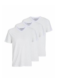 Drei weiße Baumwoll-V-Ausschnitt-T-Shirts mit kurzen Ärmeln. Einfaches Design mit glatter Textur und ohne sichtbare Muster oder Akzente.
