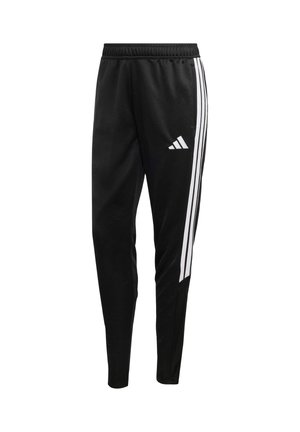Svarta träningsbyxor med en smal passform, elastisk midja och tre vita sidostripes. Logotypen visas på vänster lår.