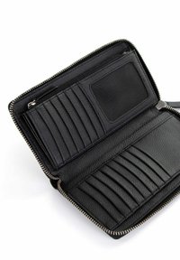 Black leather wallet with a zip closure, featuring multiple card slots, a clear ID pocket, and a textured finish.