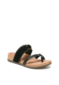 Black sandals with cork footbed, featuring multiple straps: one smooth leather, one soft suede, and a thin toe post. Textured surface.
