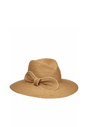 Wide-brimmed brown straw hat with a large, decorative bow on the left side, shown on a plain white background.
