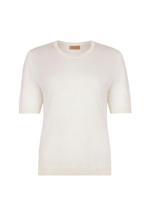 Kortærmet, ensfarvet hvid striktrøje med rund halsudskæring, med ribbede manchetter og kant, vist på en hvid baggrund.