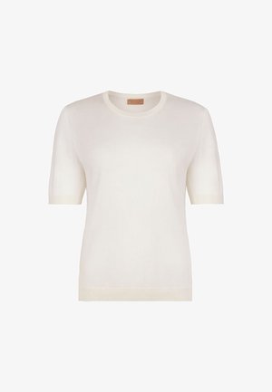 Kurzärmeliges, schlichtes weißes Rundhalsshirt aus Strick mit gerippten Bündchen und Saum, auf weißem Hintergrund dargestellt.