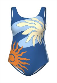En baddräkt i blått med stora solmotiv i gult och orange. Slät textur med smala axelband och kroppsnära passform.