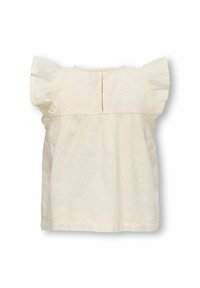 Helle cremefarbene Bluse mit Lochmuster, kurzen Rüscheärmeln und einer Schlüssellochöffnung im Rücken. Weicher Baumwollstoff mit strukturiertem Finish.