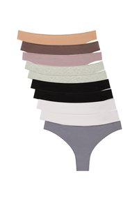 Dieci paia di slip hipster da donna in vari colori: beige, marrone, lavanda, grigio, bianco, nero, con cinturini elastici e tessuto morbido.