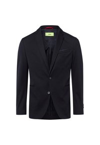 Schwarzer Blazer aus glattem Stoff mit einer Reverskragen, zwei Knöpfen, zwei Vordertaschen und einem gemusterten Innenfutter.